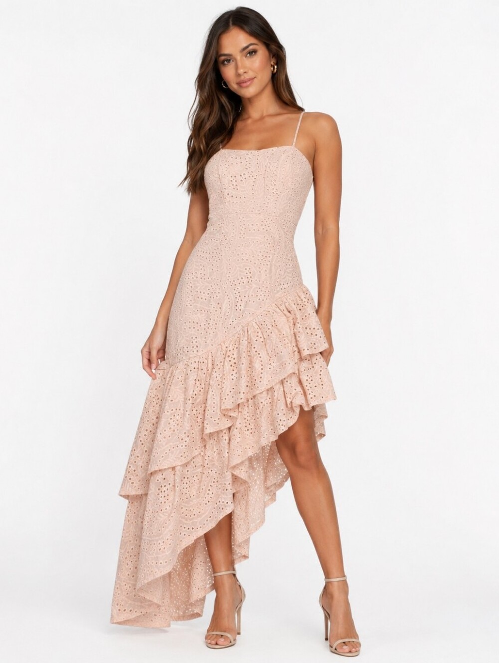 GUESS Women’s Size 0 Blush Pink Eyelet Ruffle High-Low Midi Dress